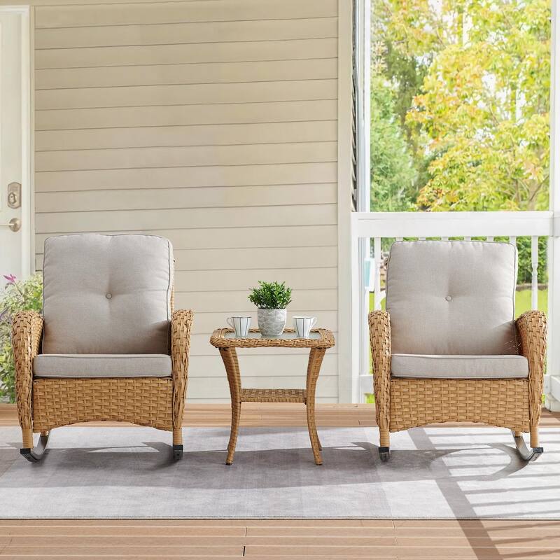 PlainCurve 3-Piece Wicker Outdoor Patio Conversation Set with Rocking Chairs and Olefin Cushions