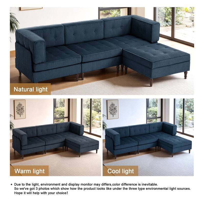 UIXE 4 - Piece Corduroy Sectional Sofa with Flip-Top Storage Ottoman Coffee Table
