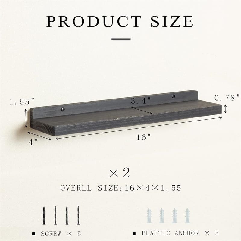 Floating Shelves for Wall Set of 2 Wood 16Inch Wall Shelf - 4"D x 16"W x 1.5"H
