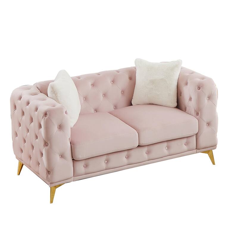 Velvet Chesterfield Loveseat Sofa, Tufted Button Upholstered 2 Seater Sofa, Lounge Sofa Chair with 2 Pillows & Metal Legs