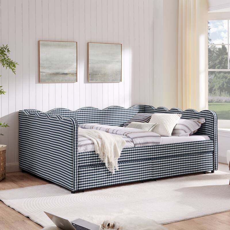 Full/Queen Gingham Daybed with 2 Storage Drawers, USB Port & Wave Shaped Linen Fabric