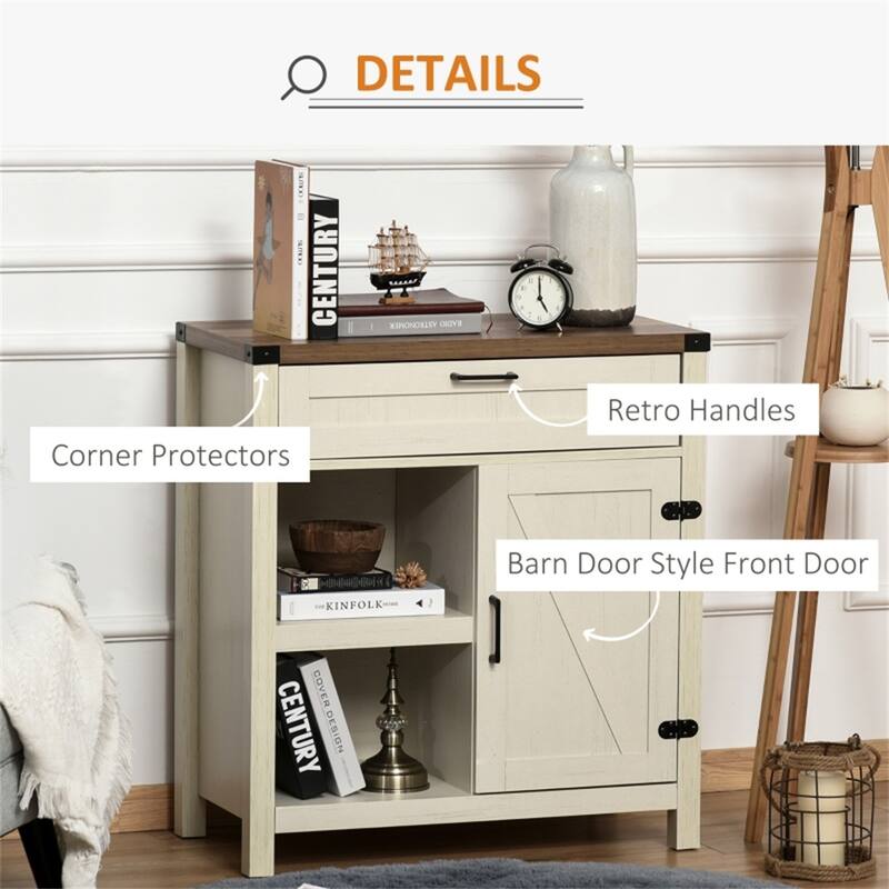 Rustic Distressed White Storage Cabinet with Barn Door and Drawer Open Shelves for Kitchen - 30"W x 15.25"D x 32.75"H