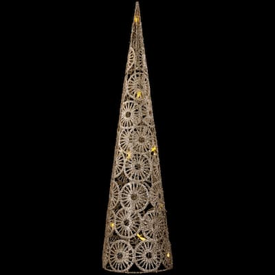23.5" LED B/O Gold Glittered Wire Sunburst Cone Tree white Lights