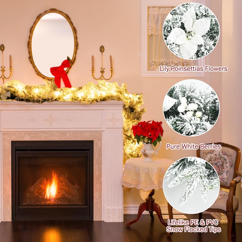 Costway 9ft Pre-lit Snowy Christmas Garland w/ Berries Poinsettia - See Details