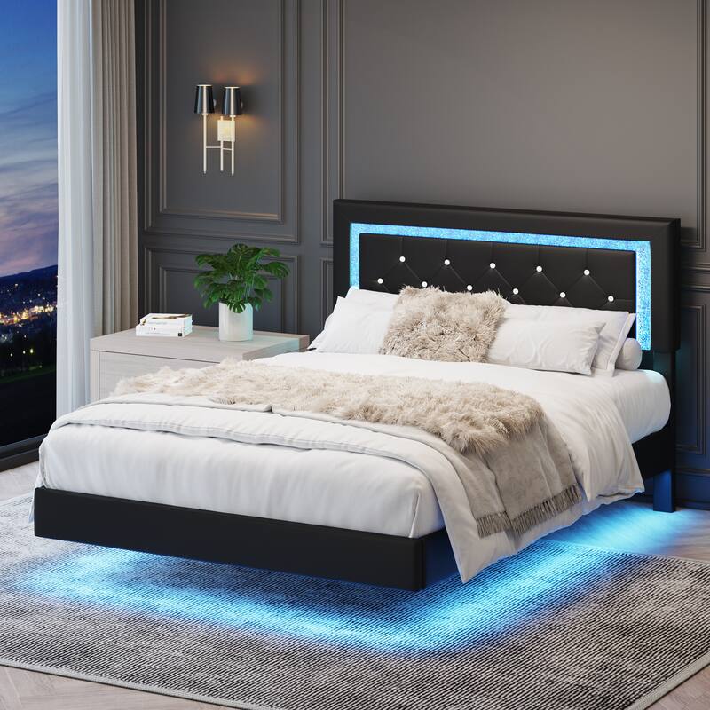 Full Size Bed Frame with Headboard, Floating Bed Frame with LED Lights, Upholstered Platform Bed with Diamond Tufted Headboard