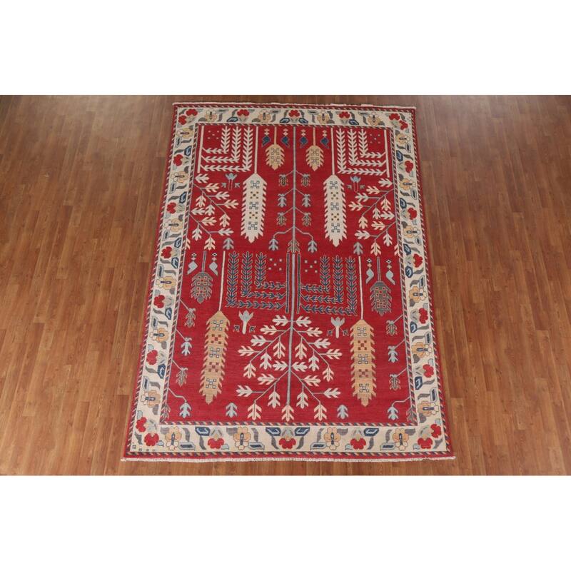 Hand Knotted Oriental 100% Wool Carpet Traditional Geometric Red Kazak Area Rug - 9' 10'' X 6' 10''