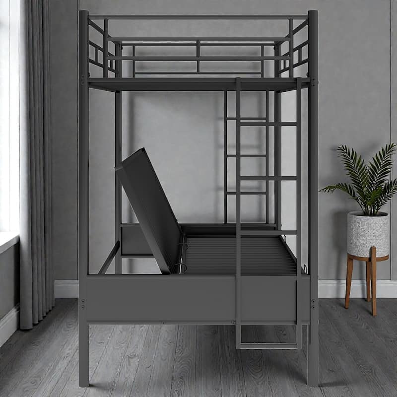 Twin over Full Metal Bunk Bed with Futon Sofa, Multi-Function Convertible Design, Heavy-Duty Steel Frame