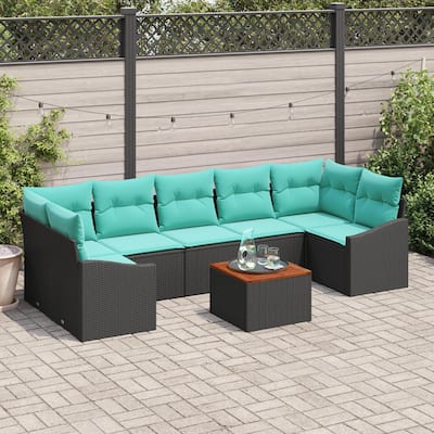 vidaXL 8 Piece Garden Sofa Set with Cushions Black Poly Rattan Acacia - 113.8×48.6×27.2
