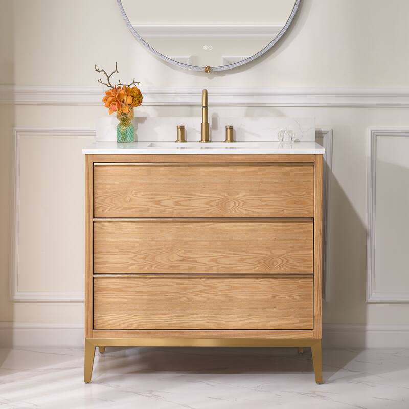 36"/48"/60" W Width Solid Wood Bathroom Vanity with Stain-resistant Carrera White Quartz Top and Sink