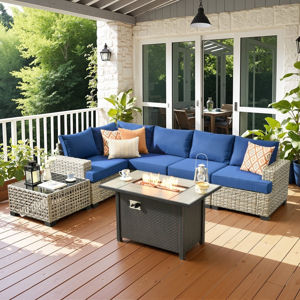 OVIOS 7 Pieces T shaped Seat Wide Armrest Set With Solar-Powered Coffee Table&Fire Pit