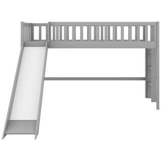 Gray Twin Size Wood Low Loft Bed with Ladder and Slide, 77.4''L*40.5''W ...