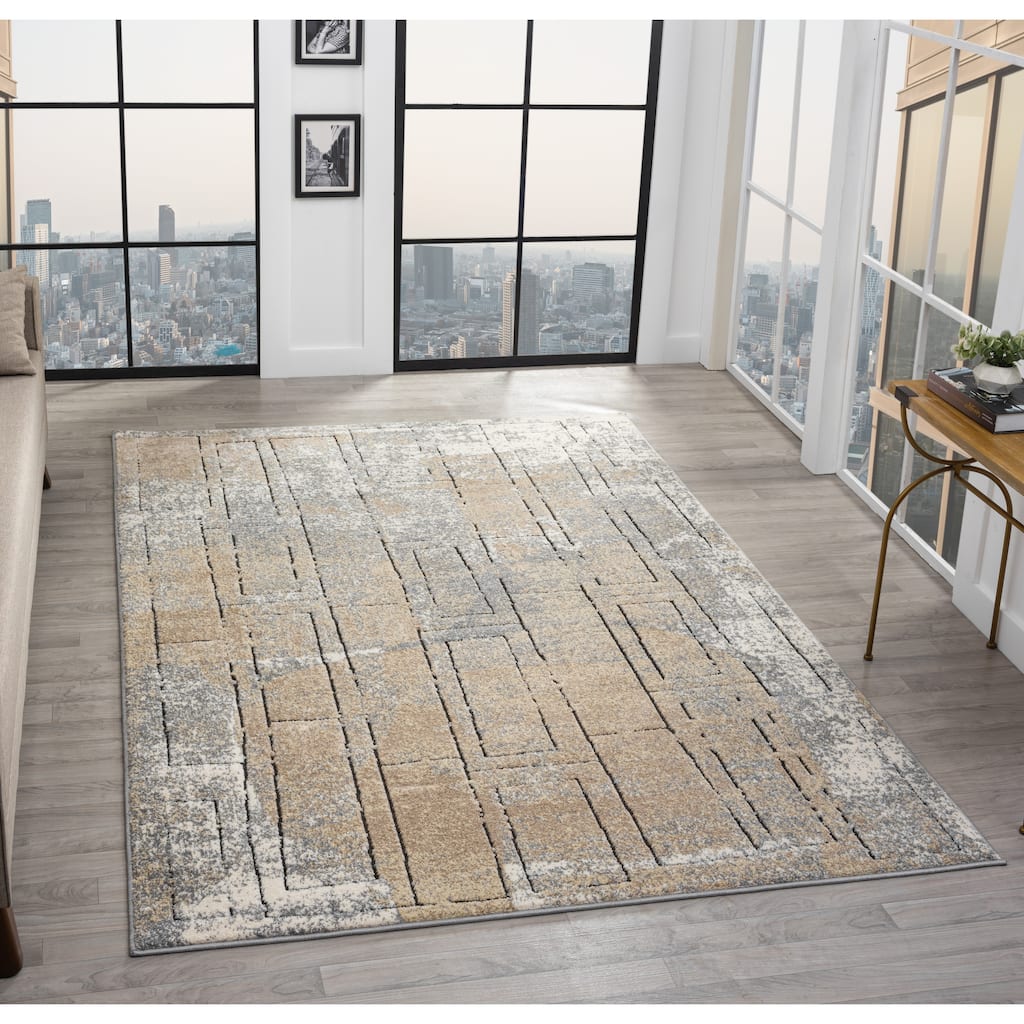 Cascade Collection Geometric Abstract Block Neutral Area Rug