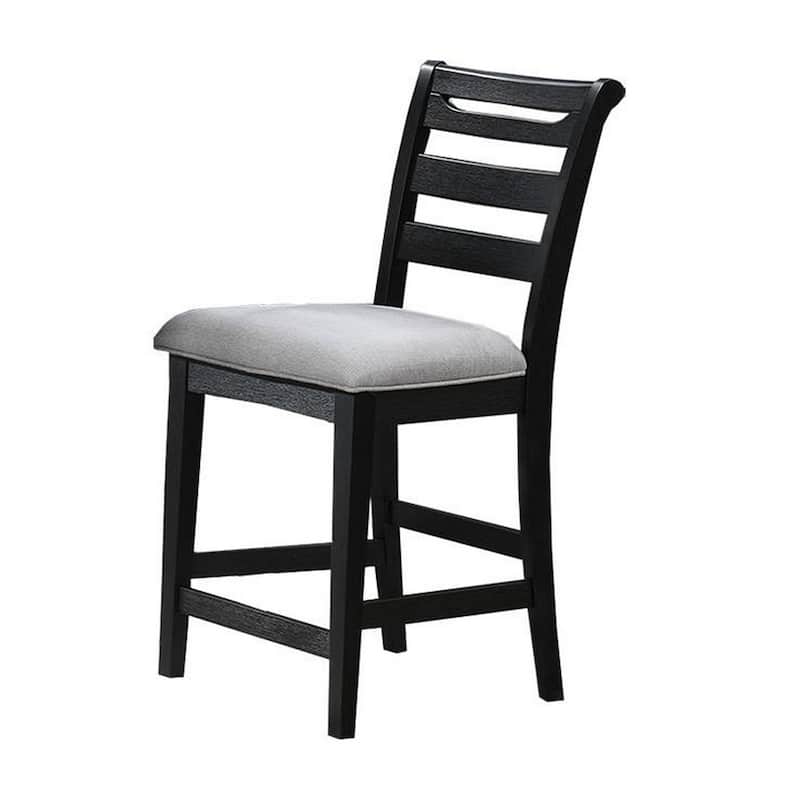 Remus Bar Height Chair, Ladder Back, Black Embossed Wood, Gray Fabric