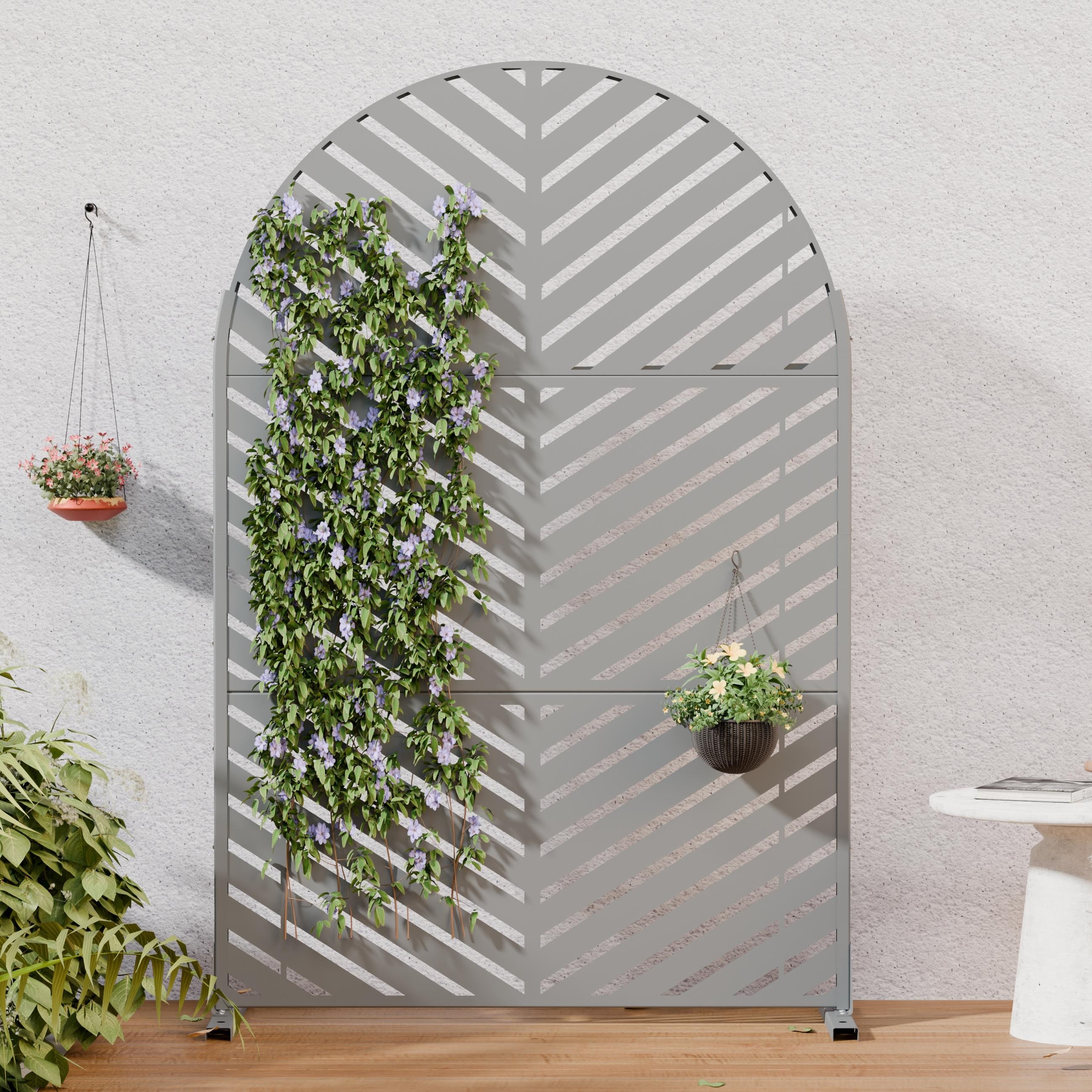 Outdoor Privacy Screen Arched Metal Privacy Fence with Chevron Cutout Freestanding Decorative Panel for Indoor & Outdoor Use