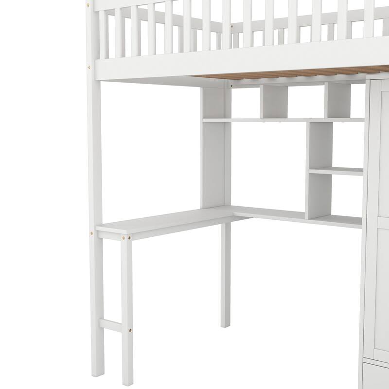 Twin size Loft Bed with Bookshelf,Drawers,Desk,and Wardrobe