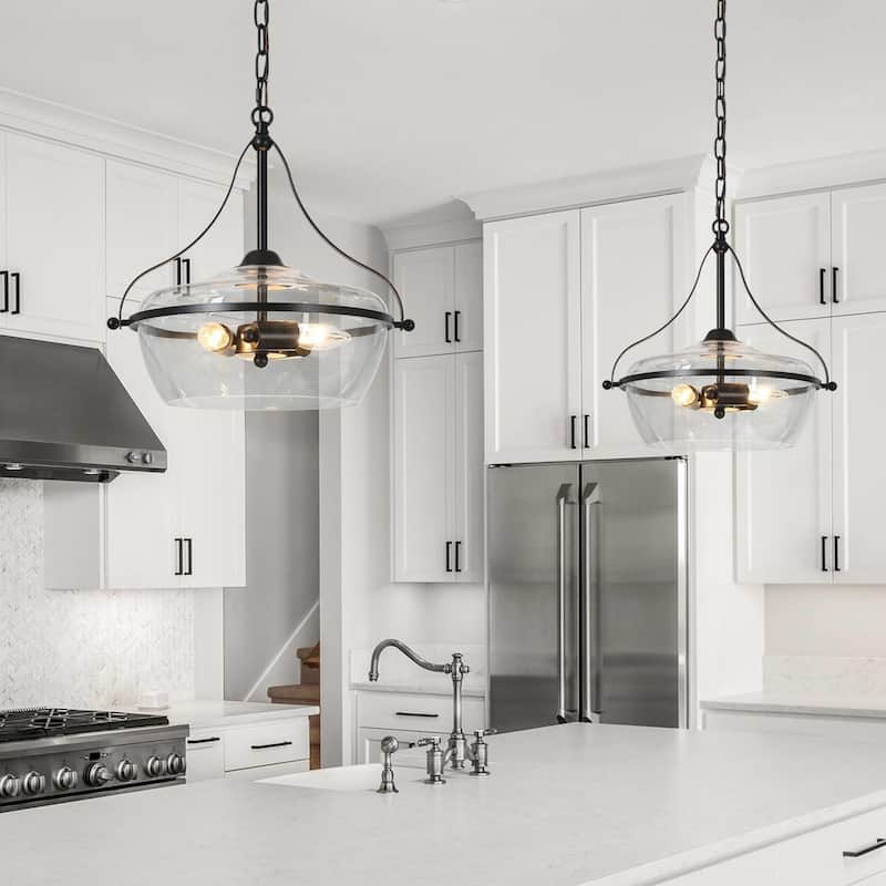 Zelena Modern Farmhouse 3-Light Black Chandelier Fishbowl-Shaped Glass Pendant Lights for Dining Room