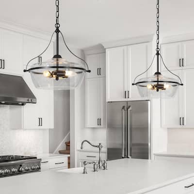 Zelena Modern Farmhouse 3-Light Black Chandelier Fishbowl-Shaped Glass Pendant Lights for Dining Room
