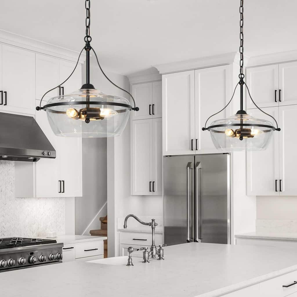 Zelena Modern Farmhouse 3-Light Black Chandelier Fishbowl-Shaped Glass Pendant Lights for Dining Room