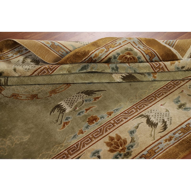 Hand Knotted Oriental Silk Carpet Traditional Medallion Green Art Deco Area Rug - 9' 0'' X 6' 0''