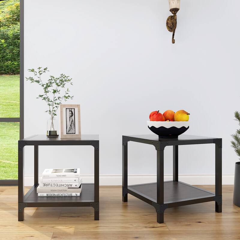 Davee Wood and Metal Square End Table with Shelf - 20''x20''x20'' - 20''x20''x20'' - reddish walnut color
