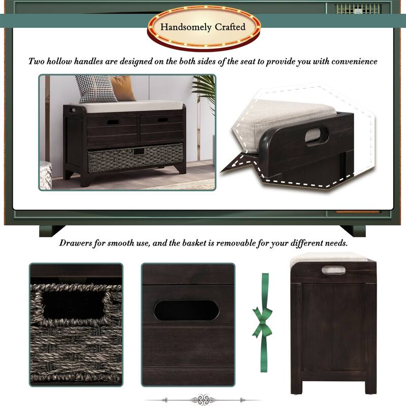 Storage Bench with Removable Basket and 2 Drawers, Removable Cushion