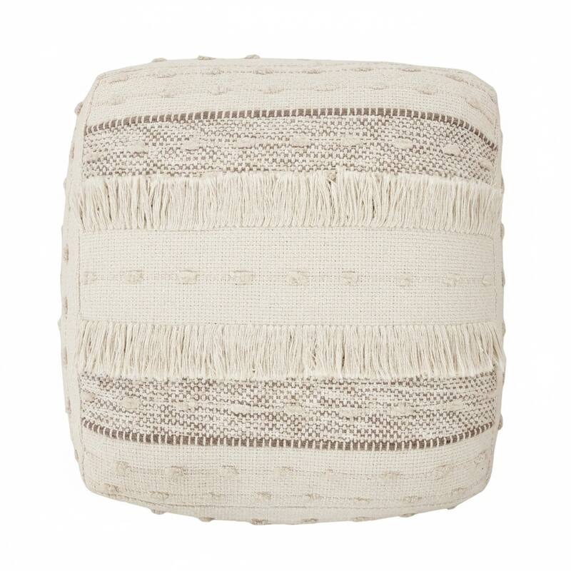 Sevita Ivory and Beige Farmhouse Chic Shag Textured Pouf Ottoman