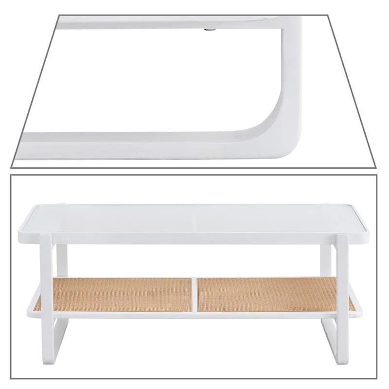 Classic Farmhouse Coffee Table with Glass Table Top and Rattan Mesh Bottom Shelf
