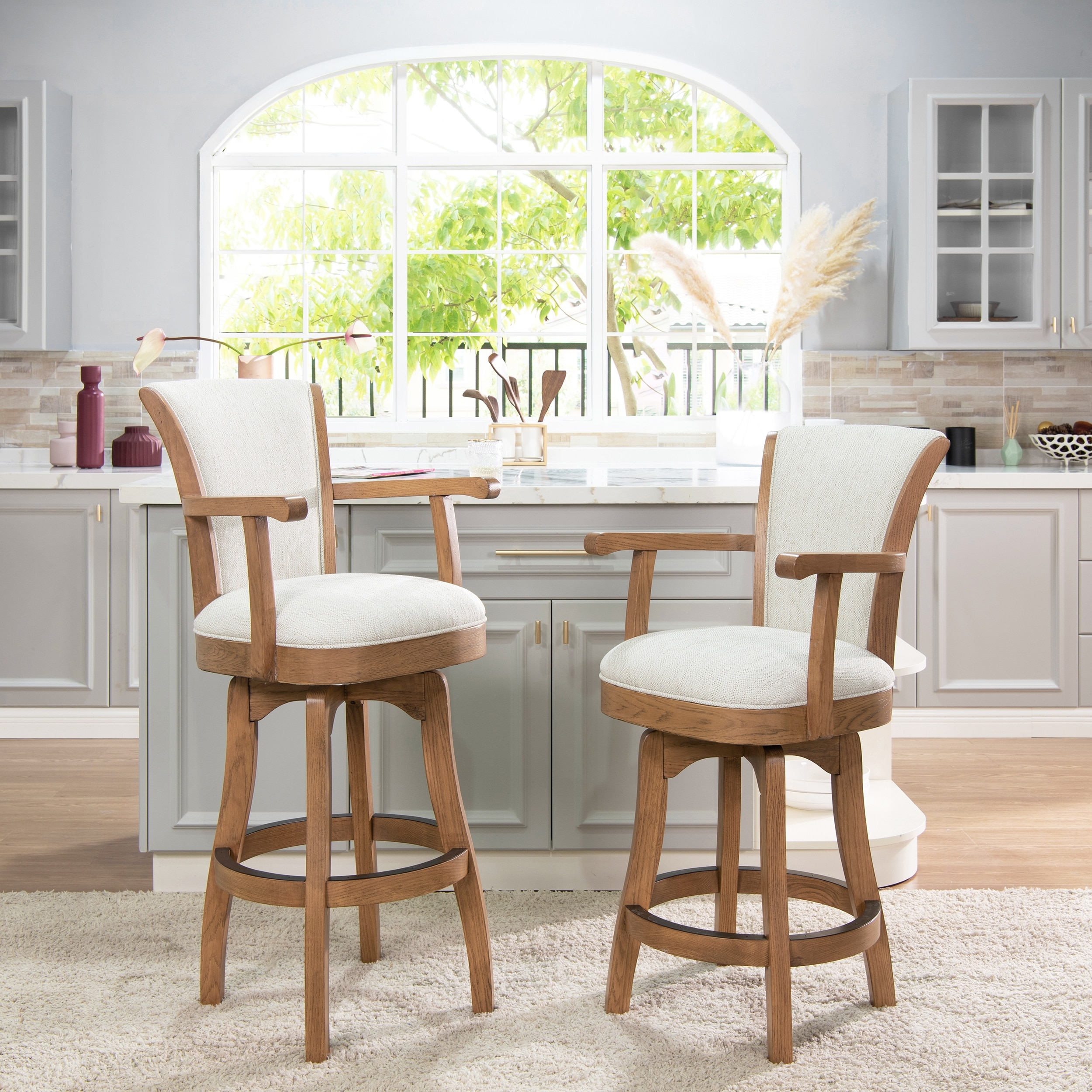 Williams Swivel Upholstered Bar Stool - Counter or Bar Height - 27 or 31 Inch - Solid Oak Wood Frame - Minimal Assembly