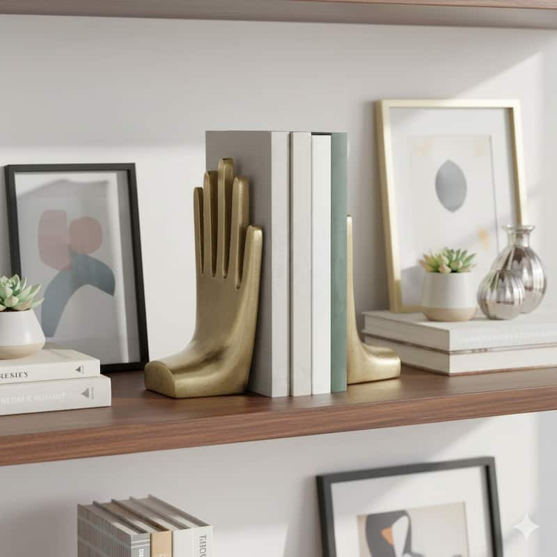 Decorative Metal Hand Bookends for Bookshelf Decor - 7", Gold - 7.0"
