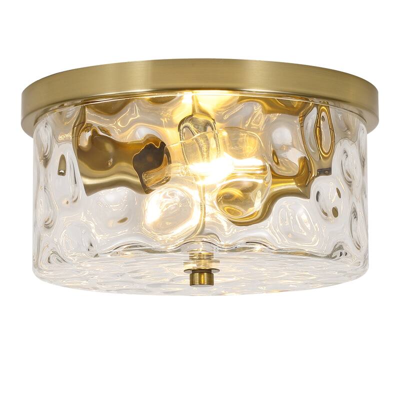 2-Light Flush Mount Ceiling Light with Clear Hammered Glass - N/A - Gold