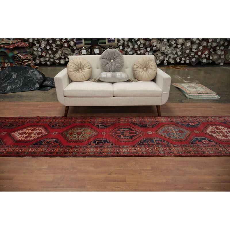 Hand Knotted Oriental 100% Wool Carpet Traditional Geometric Red Heriz Runner Rug - 17' 1'' X 3' 3''