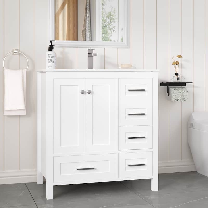 EROMMY All-in-One Bathroom Vanity with Ceramic Sink, Soft-Close Storage Cabinet & Drawer, Glossy Countertop, White