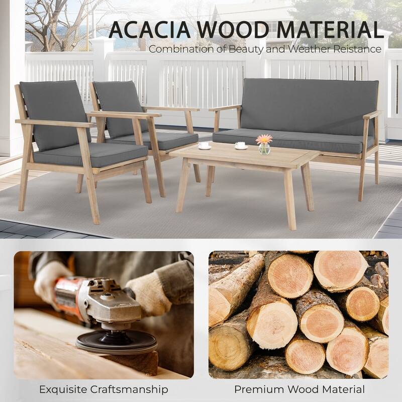 4 Piece Acacia Outdoor Patio Lounge Conversation Set with Soft Cushions and Coffee Table