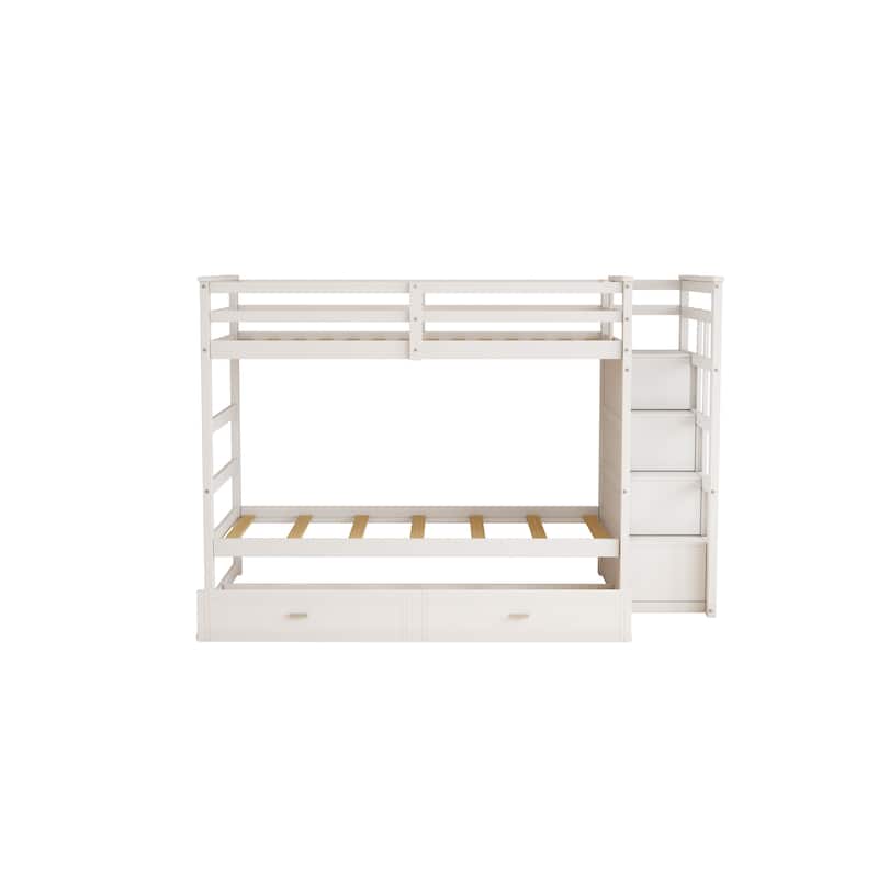 Solid Wood Bunk Bed , Hardwood Twin Over Twin Bunk Bed with Trundle and Staircase