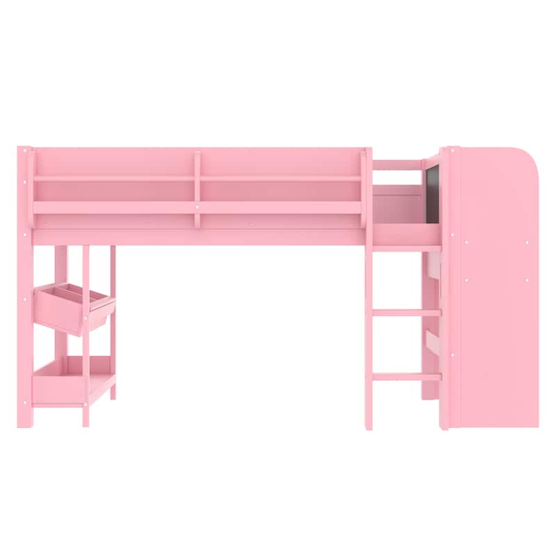 Twin Loft Bed with Multi-storage Bookcases, Boxes and Drawers, Solid Wood Low Loft Beds with Desk and Blackboard