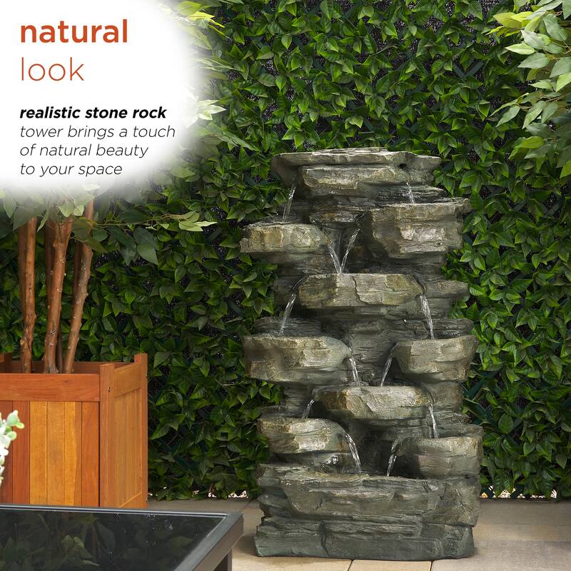 Alpine Corporation WIN930 Outdoor Floor Multi-Tiered Cascading Rock Garden Water Fountain with LED Lights, 39", Green