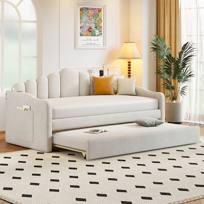 Twin size Upholstered Daybed with Trundle ,Velvet Sofabed with USB Charging Ports,No Box-spring Needed,Beige