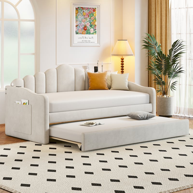 Upholstered Daybed with Trundle Velvet Sofabed with USB Charging Ports
