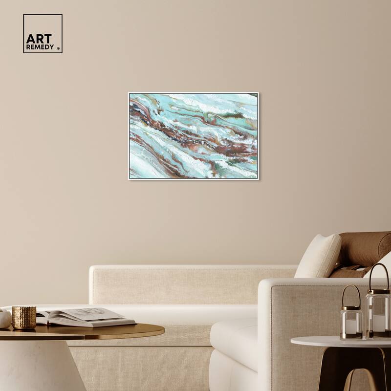 Art Remedy Mint Waves Framed Blue Abstract 1 Piece Canvas Wall Art