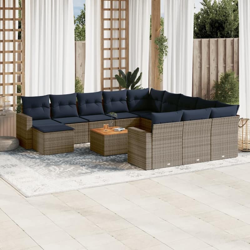 vidaXL 13 Piece Patio Sofa Set with Cushions Black Poly Rattan - 24.4" x 24.4" x 27.2" - Grey