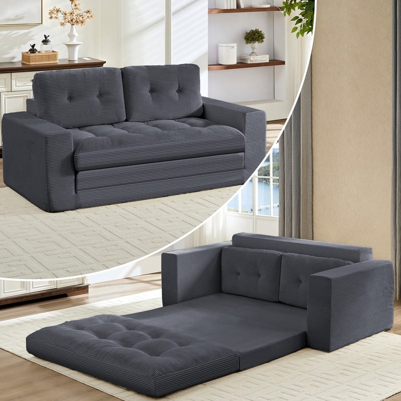 Mixoy 71'' 2-in-1 Convertible Futon Loveseat Sofa Bed,Corded Fabric Foldable Tufted Buttons 2-Seater Sleeper Sofa - DARK GREY - Loveseat