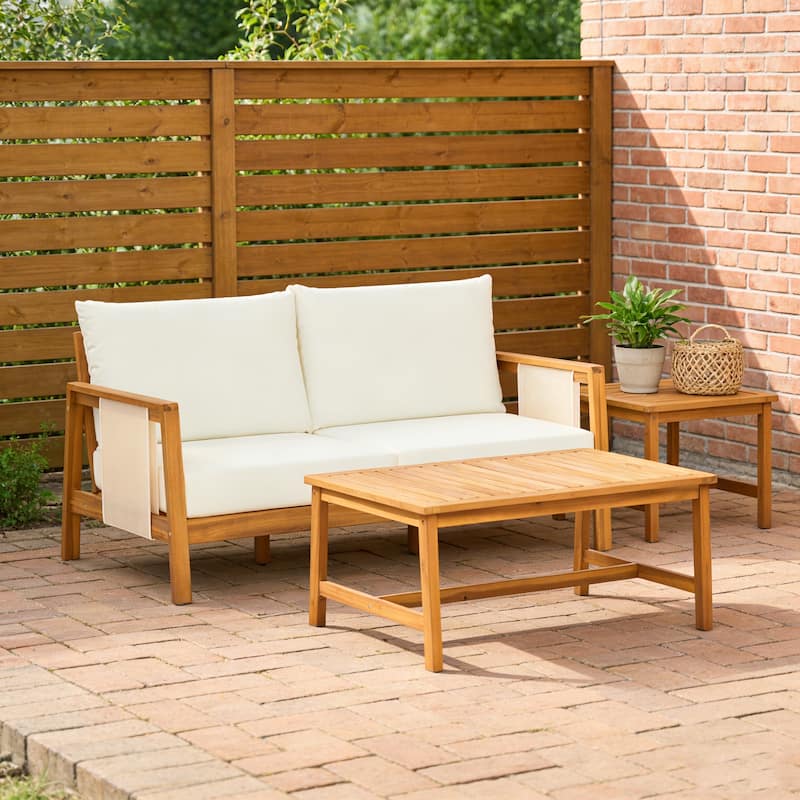 Christopher Knight Home - Nancy 2-Piece Outdoor Acacia Wood Loveseat and Coffee Table Seating Set - Teak finish+Brown Textilene+Beige cushion