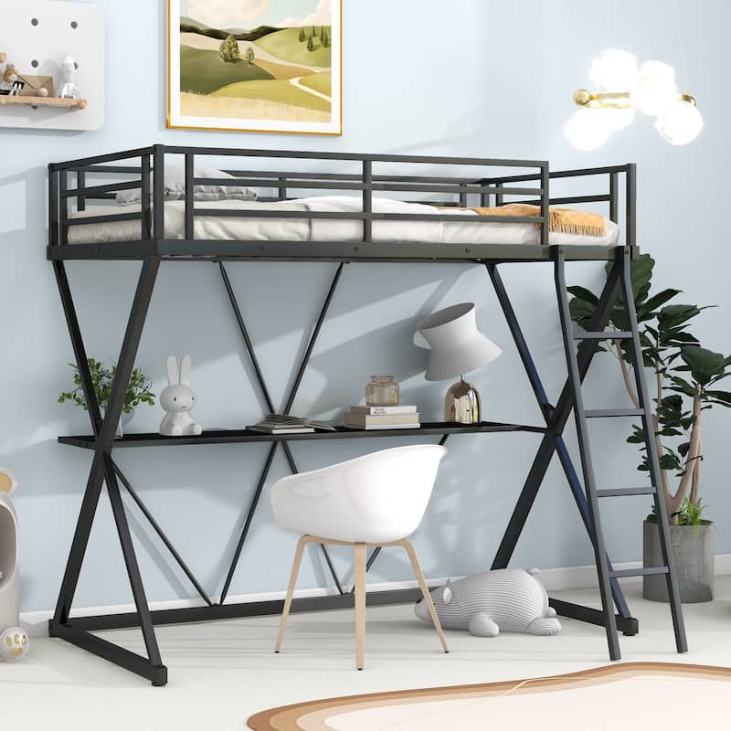 Industrial Style Twin Size Loft Bed with Desk, Ladder and Full-Length Guardrails Top Bunk, X-Shaped Metal Frame Support - Black