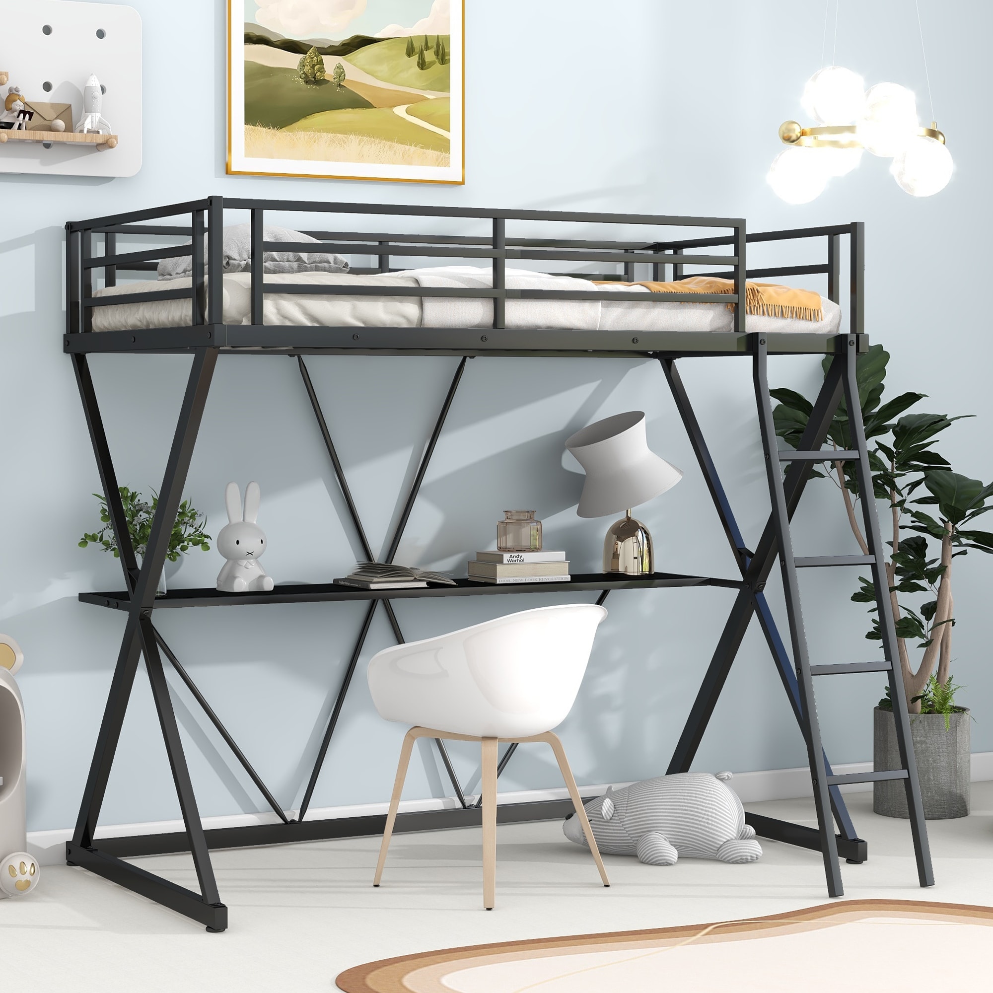 Industrial Style Twin Size Loft Bed with Desk Ladder and Full Length Guardrails Top Bunk X Shaped Metal Frame Support