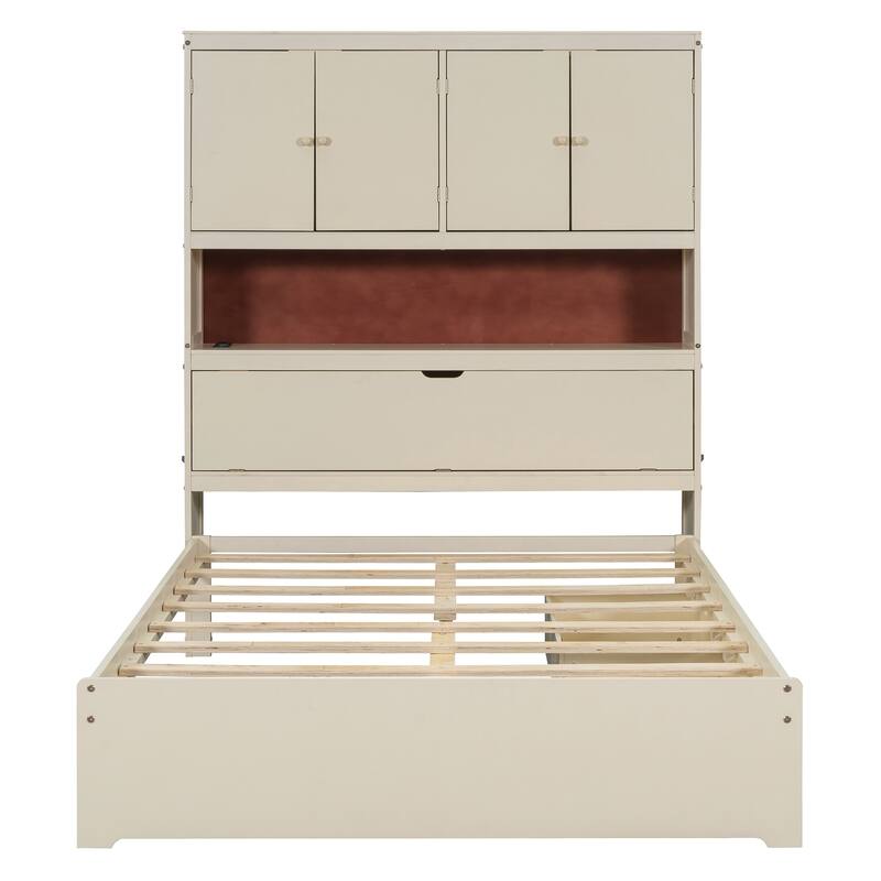Full Size Wooden Platform Bed Multi-Functional Storage Bed with Flip-Up Headboard USB Charging