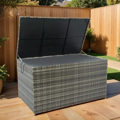 200 Gallon Outdoor Storage Deck Box, Wicker Patio Storage Box with Lid, Flip Top Storage Bench, Storage Bin for Cushion