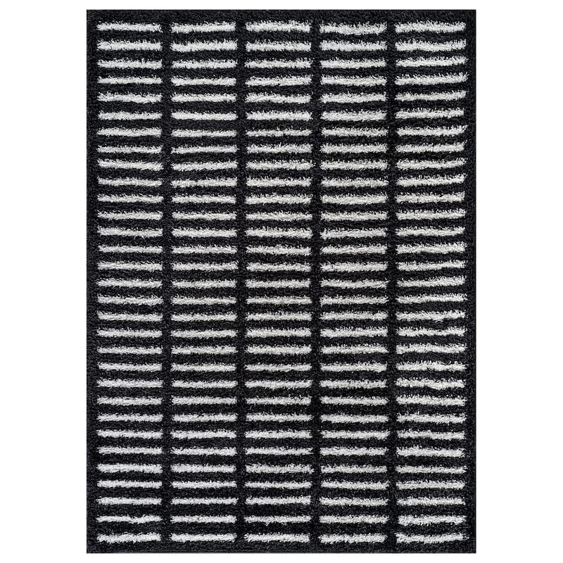 Bohemian Stripe Lines Shag Rug - Textured Surface - Anthracite Dark Gray - Easy to Clean