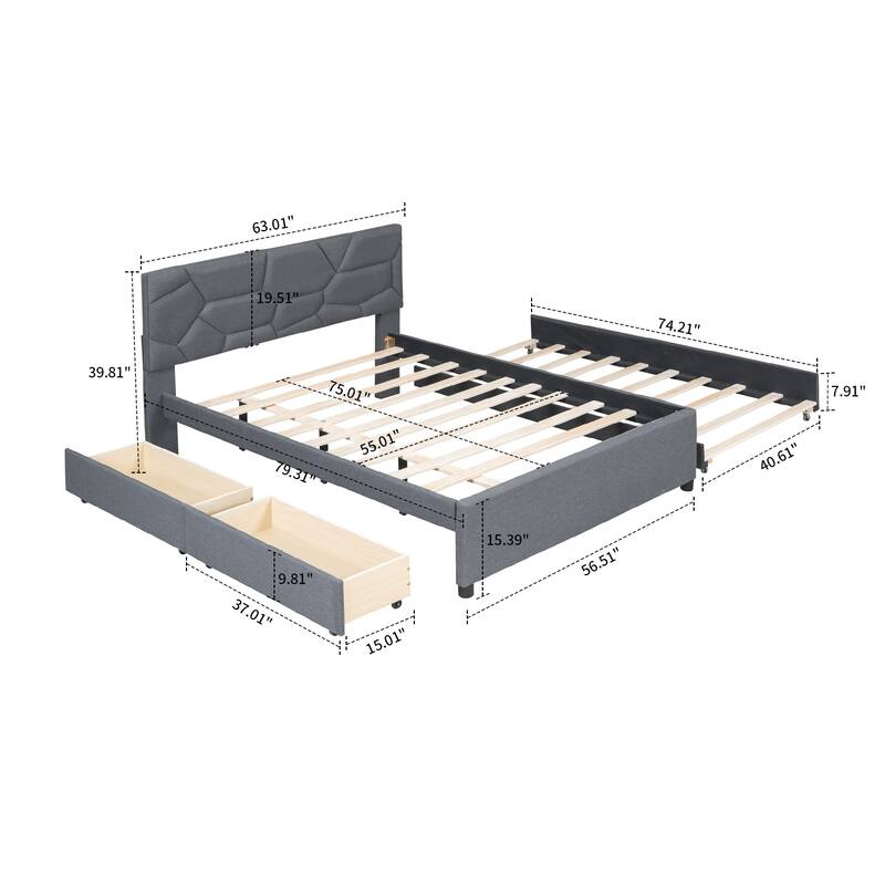 Stylish Linen Fabric Upholstered Platform Bed with Two Drawers and a Trundle Bed