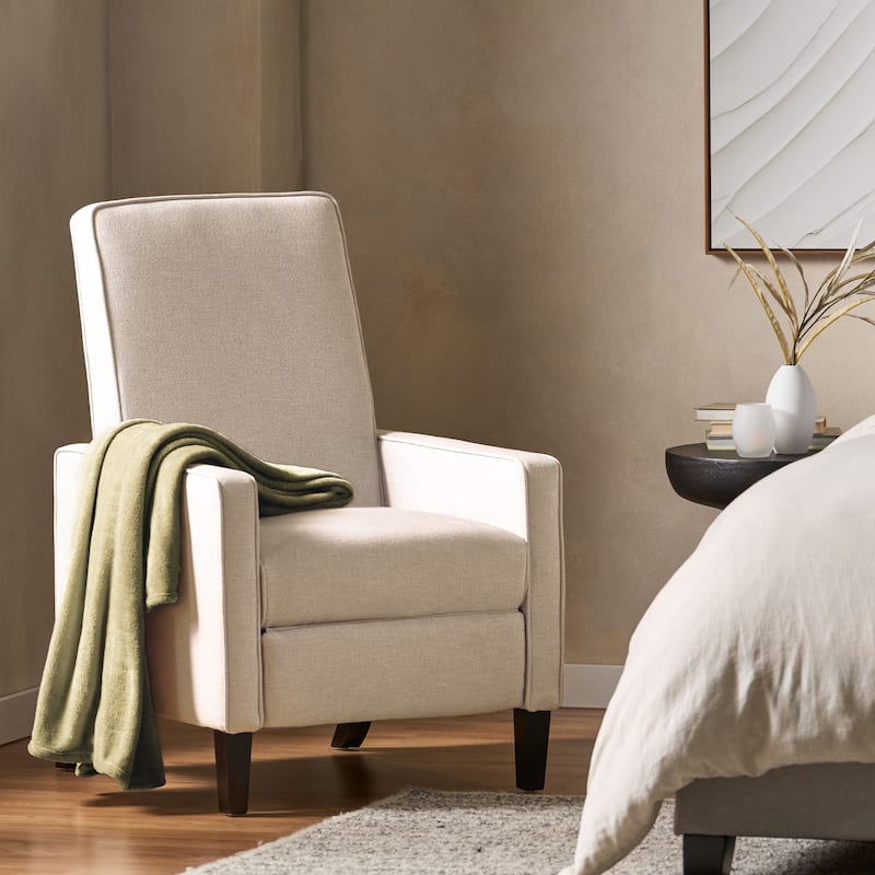 Roomfitters Minimalist Fabric Push Back Recliner Chair with Birch Legs, Beige