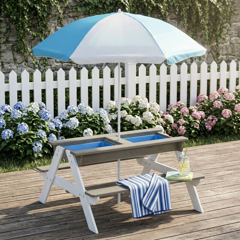 Wooden Kids Picnic Table, Sand and Water Table with Umbrella, Activity Table for Outdoor Backyard Patio Play